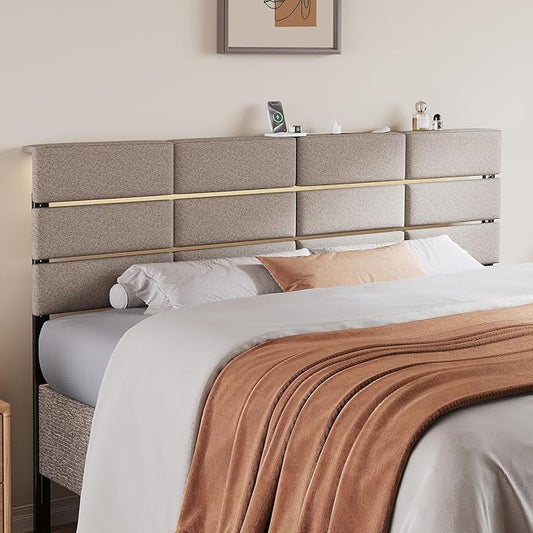 King/Cal King Size Upholstered Headboard, Adjustable Head Boards with LED Light & Charging Station, Bed Headboard Only, Attach Frame, Ideal for Bedroom, Dorm, Guest Room, Beige