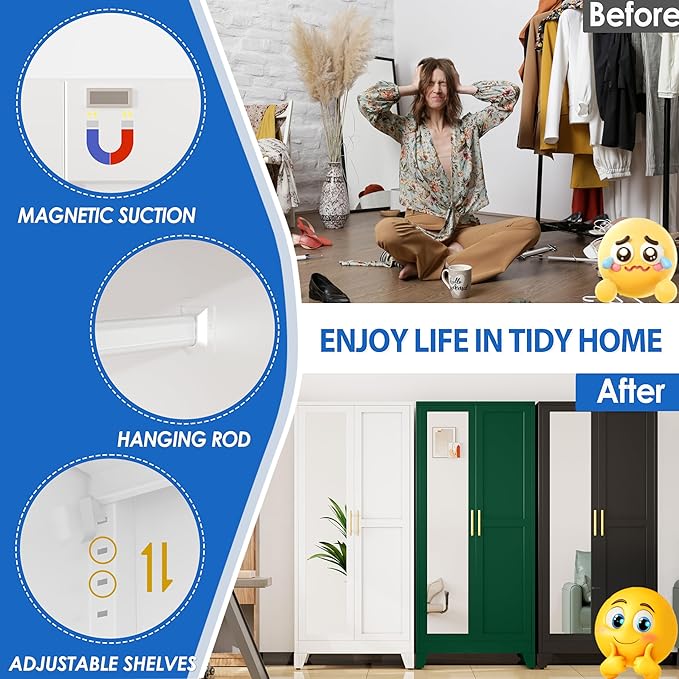 GAIOUS Metal Wardrobe Cabinet with Mirror and Hanging Rod, 71" Metal Clothing Storage Cabinets with 2 Doors and Adjustable Shelves, White Armoire Wardrobe Closet for Bedroom, Laundry Room, Cloak Room