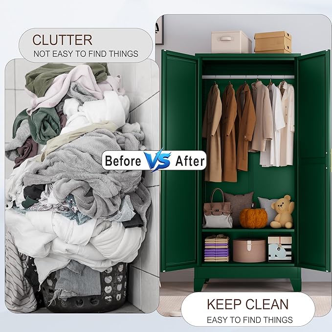 71" Metal Armoire Wardrobe Closet, Steel Clothing Storage Cabinet with Mirror and Adjustable Shelves, Household Steel Wardrobes Storage Cabinet with Adjustable Standing Feet and Hanging Rod（Green）