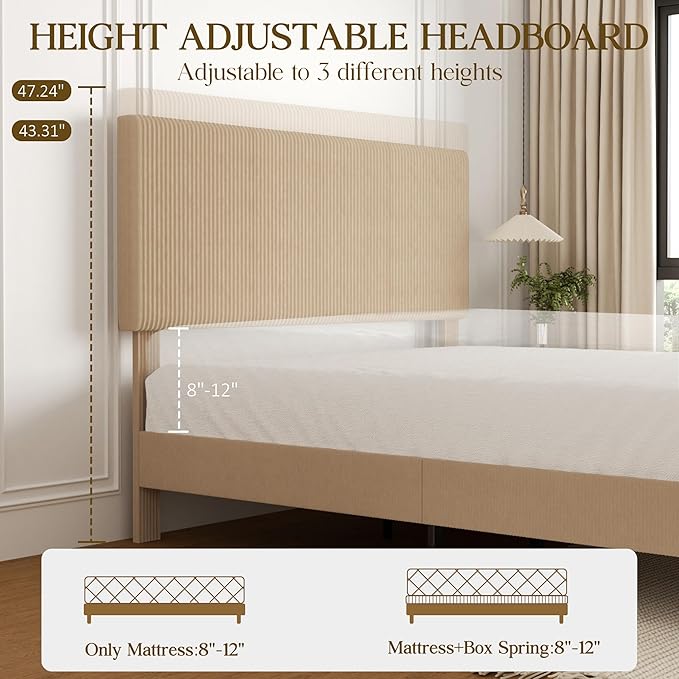 King Size Bed Frame, Upholstered Platform Bed with Adjustable Headboard, Vertical Fluted Tufted, Soft Corduroy Fabric, Wooden Slats Support, No Box Spring Needed, Easy Assembly, Brown