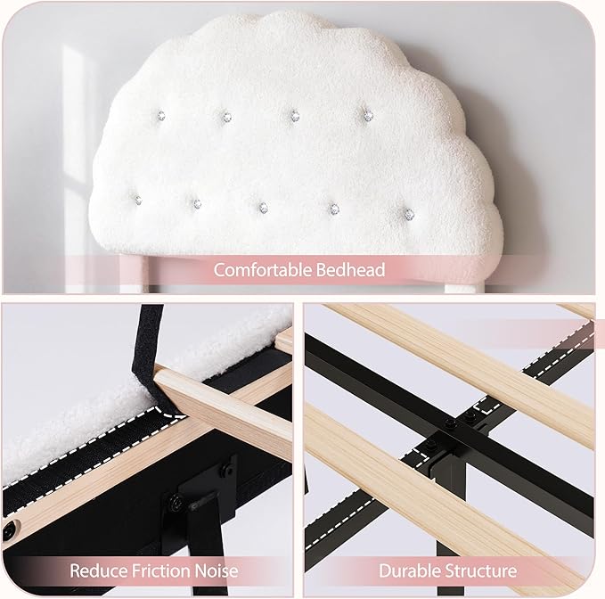Cookie Full Upholstered Bed Frame with LED Lights, Floating Bed Frames with Adjustable Headboard and Raised Footboard for Princess/Prince Bedroom, Teddy Velvet（White）
