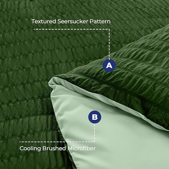 HYMOKEGE Dark Green/Sage Green Twin Comforter Set Seersucker 5 Pieces, All Season Luxury Bed in a Bag for Bedroom, Bedding Set with Comforter, Sheets, Pillowcase & Sham