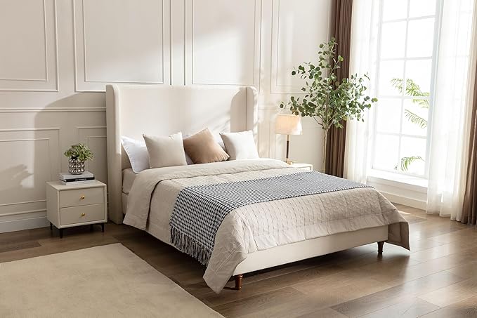 GDFStudio Tall Headboard Upholstered Bed,King Size Platform Bed Frame with Headboard Wingback,54" High No Box Spring Needed Easy Assembly Elegant Simplicity Ivory Boucle
