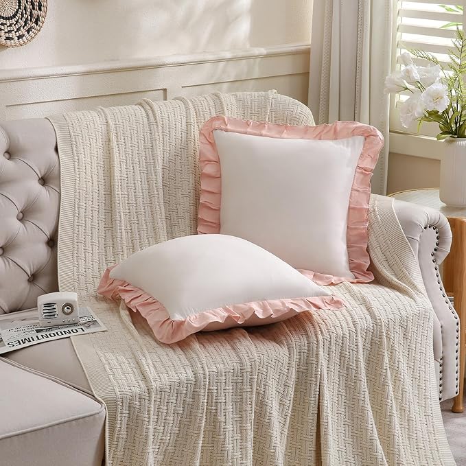 Merryword Beige and Pink Reversible Pillowcases 18x18 Throw Pillow Covers Pack of 2 Soft Microfiber Ruffle Decorative Pillowcase Cushion for Couch Sofa Bedroom