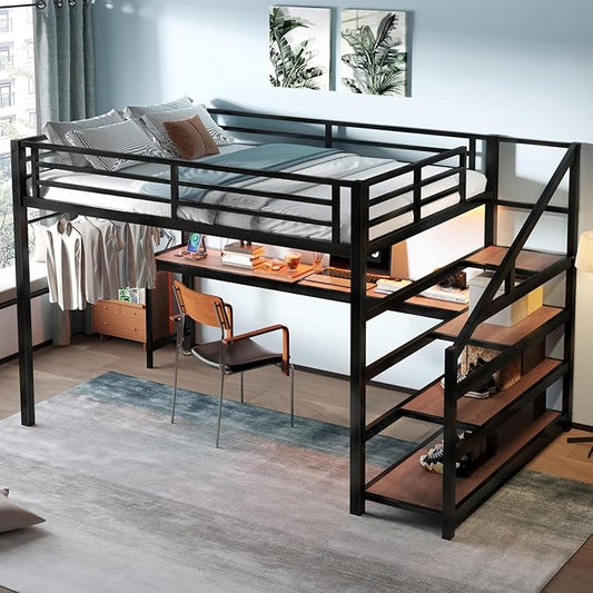 Queen Size Loft Bed with Desk and Storage Stairs,Metal Heavy Duty Loft Bed Queen Size with LED Light, Charging Station, LoftBed Frames for Teens, Adults, No Box Spring Needed, Black