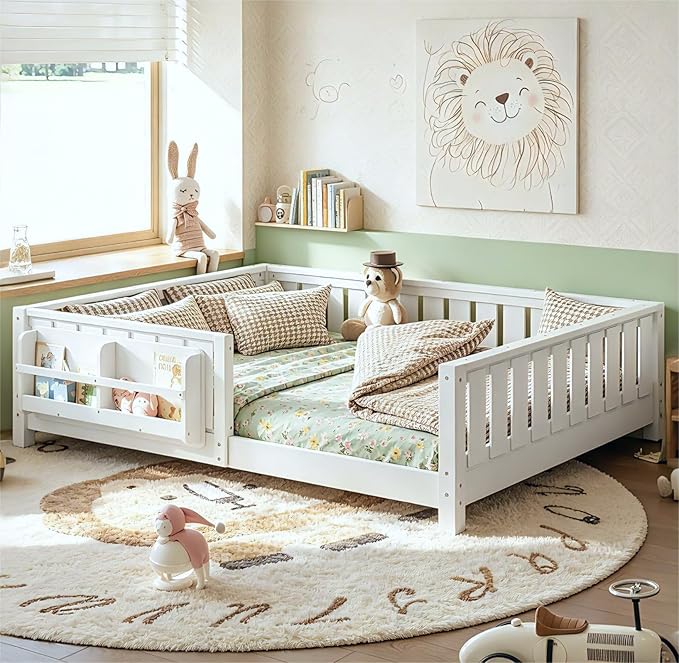 Bellemave Full Size Floor Bed Frame with Fence & Bookshelf, Solid Pinewood Montessori Floor Bed Full with Slats Load 450LBS, Low Profile Floor Bed for Kids, Nursery, Bedroom, Easy Assembly, White