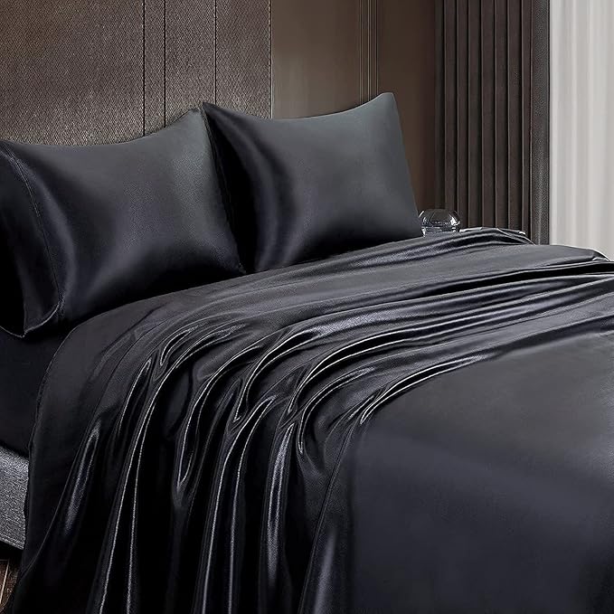Homiest 3pcs Satin Sheets Set Luxury Silky Satin Bedding Set with Deep Pocket, 1 Fitted Sheet + 1 Flat Sheet + 1 Pillowcase (Twin XL Size, Black)