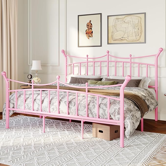 Allewie 14 Inches King Size Metal Platform Bed Frame with Elegant Crown Iron-Art Headboard & Footboard, Sturdy Mattress Foundation with Under-Bed Storage, Easy Assembly, No Box Spring Needed, Pink