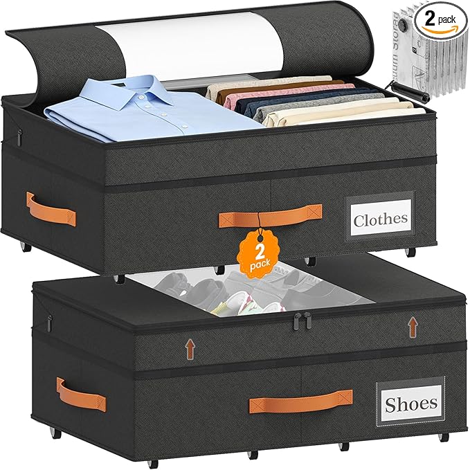 TOSKING 2-Pack Under Bed Storage Drawers with Wheels, 6 Vacuum Bags, Adjustable Height 7.9-10.2", 63L/80 lbs Clear Lid Rolling Bin, 900D Oxford, Space Saver for Dorm Bedroom Clothes Shoes, Black