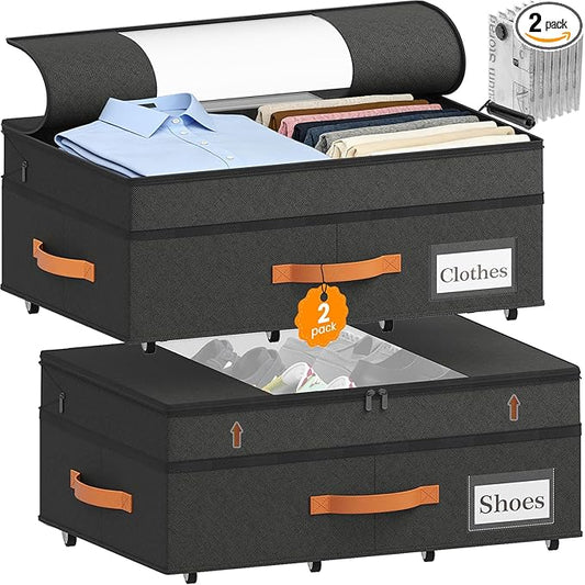 TOSKING 2-Pack Under Bed Storage Drawers with Wheels, 6 Vacuum Bags, Adjustable Height 7.9-10.2", 63L/80 lbs Clear Lid Rolling Bin, 900D Oxford, Space Saver for Dorm Bedroom Clothes Shoes, Black