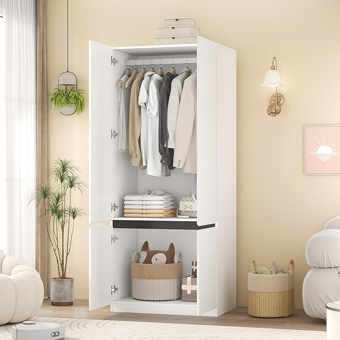 Armoire Wardrobe Closet with Doors: 75" White Large Wardrobe Closet with 2 Doors, Clothes Cabinets for Bedroom Armoires with Storage, Wood Wardrobes Closets for Hanging Clothes (C-Style, 31.5")