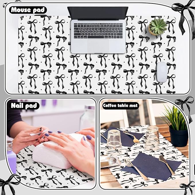 Teenyyou Coquette Bow Makeup Mat for Vanity Top Protector Graduation Gift Dual Side Leather Desk Mouse Pad Girly Waterproof Nonstick Dressing Accessories for Women Home Office(Black,15.7"x31.5")