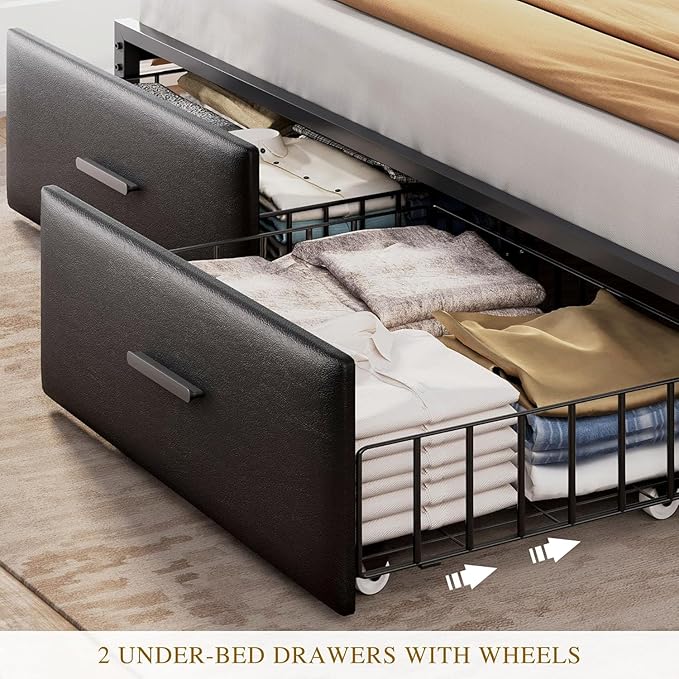 YITAHOME Queen Size with 2 Storage Drawers and Charging Station, Upholstered Bed with Storage Headboard and LED Light, Heavy Duty Metal Support, No Box Spring Needed, Noise Free, PU Leather Black