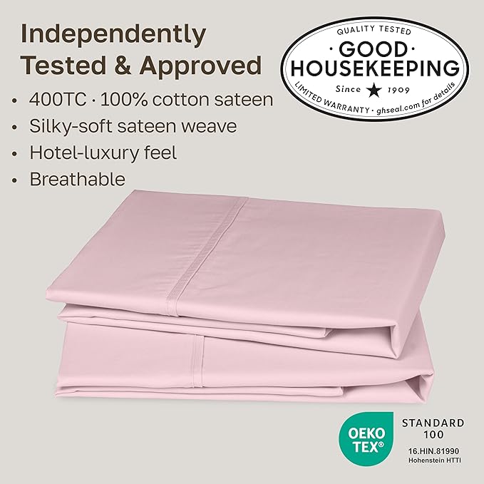 California Design Den Standard Queen Size Pillowcase Set - 400 Thread Count, 100% Cotton Sateen, Set of 2 Pillow Covers, Soft and Breathable - Pink