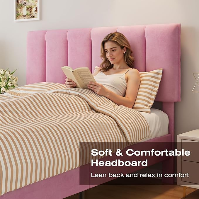 VECELO Full Bed Frame with Upholstered Headboard, Heavy-Duty Platform Bedframe with Strong Wooden Slats Support, No Boxing Spring Needed, Pink