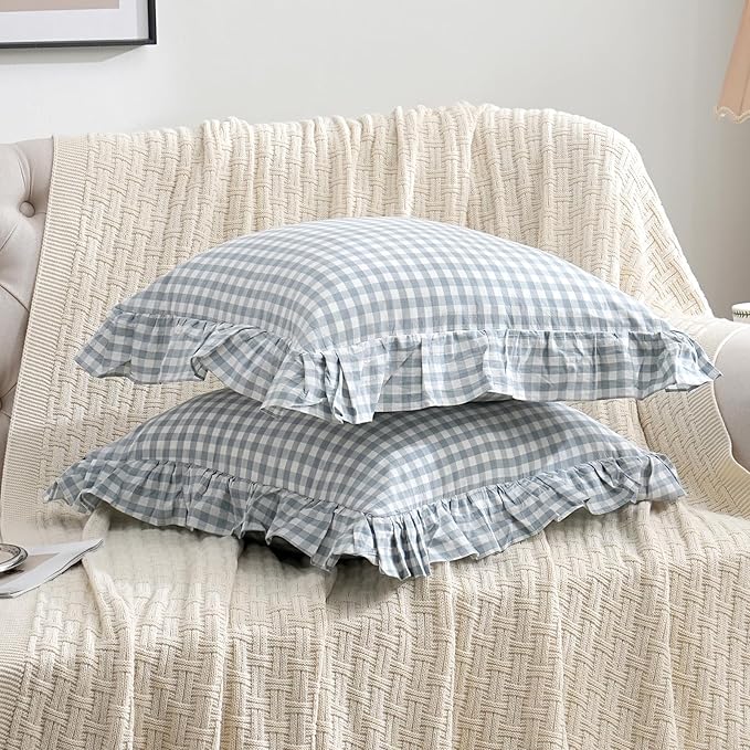 2 Pack Blue White Plaid Ruffle Throw Pillow Covers Farmhouse Checkered Chic Washed Cotton Pillowcases Gingham Pillow Shams for Bed, Sofa, Living Room-20"x20" Blue