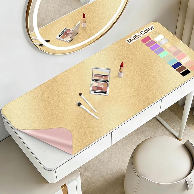 Makeup Mat for Vanity to Protect Desk Top 35.4 x 15.7in, Dual-Sided Makeup Mat, Easy to Clean Desk Pad - Waterproof and Oilproof Vanity Accessories (Gold and Pink)