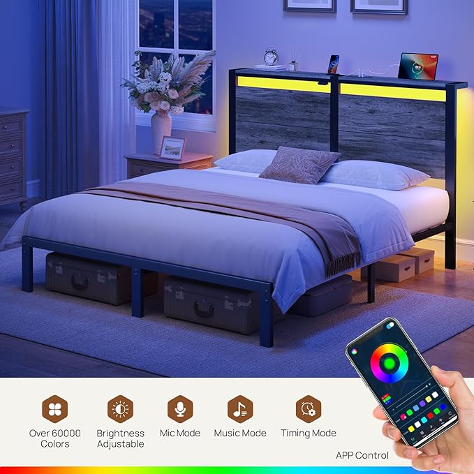 Rolanstar Queen Bed Frame with Charging Station, LED Bed Frame Queen with Wood Storage Headboard, Platform Bed with Metal Slats & Under Bed Storage, No Box Spring Needed, Noise Free, Deep Grey