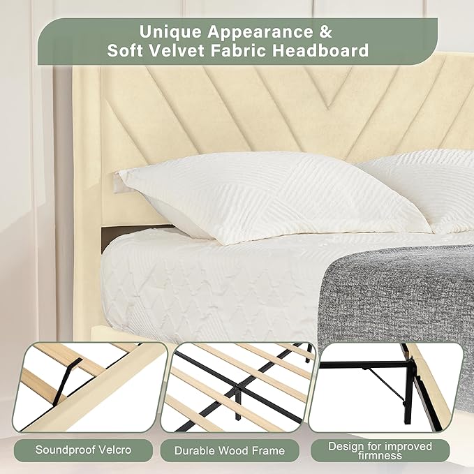 Queen Bed Frame with Headboard, Bed Frame Queen Size with Sturdy Wooden Slats Support, Platform Bed Frame with Velvet Upholstered Headboard, Mattress Foundation, Easy Assembly, No Box Spring Needed