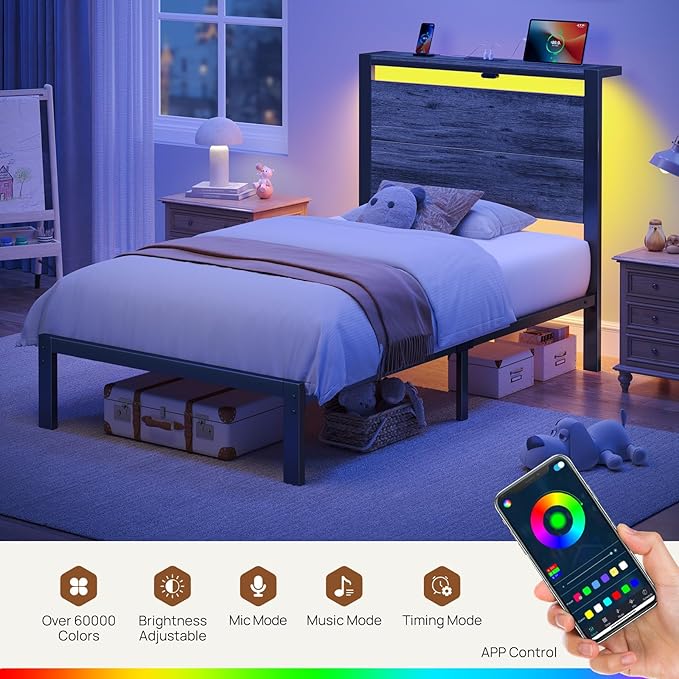 Rolanstar Bed Frame Twin Size with Charging Station, LED Twin Bed Frame with Wood Storage Headboard, Platform Bed with Metal Slats & Under Bed Storage, No Box Spring Needed, Noise Free, Deep Grey