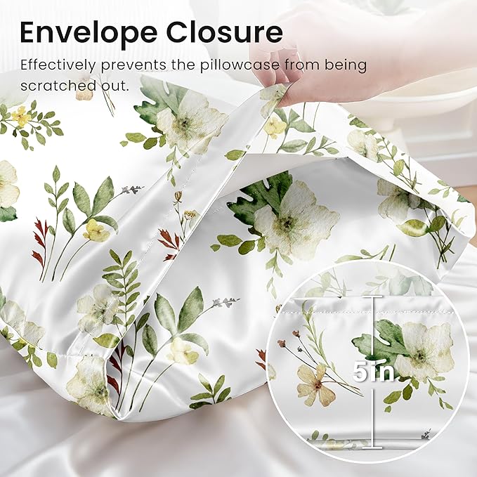 EXQ Home Satin Pillowcase for Hair and Skin Queen - Printed Green Twig Silk Pillow Cases 2 Pack 20x30 inches - Satin Pillow Cases Set of 2 with Envelope Closure, Gifts for Women Men