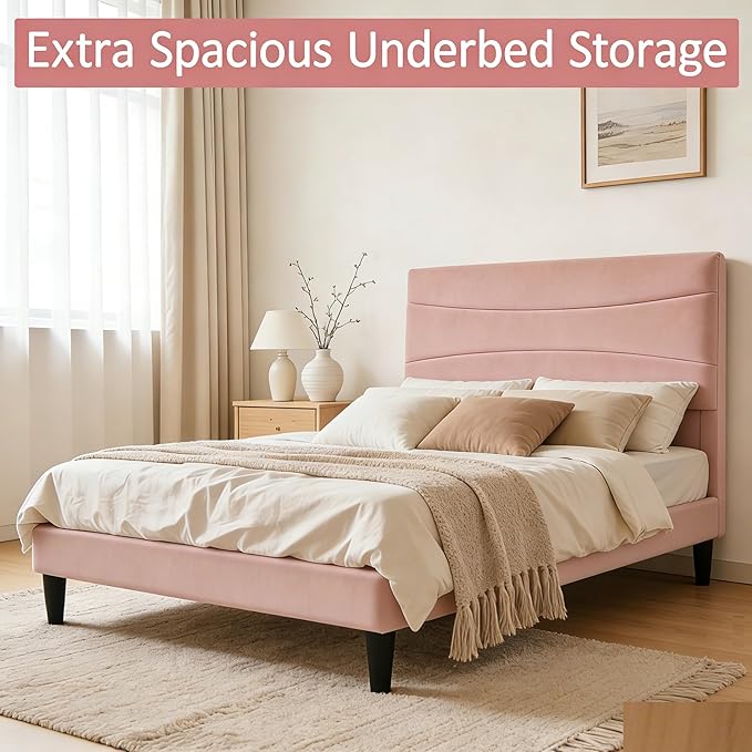 IDEALHOUSE Twin XL Upholstered Platform Bed Frame with Ergonomic Headboard, Beige Soft Fabric, Heavy Duty Wooden Slats, Noise-Free, 6.3" Underbed Storage, No Box Spring Needed, Easy Assembly