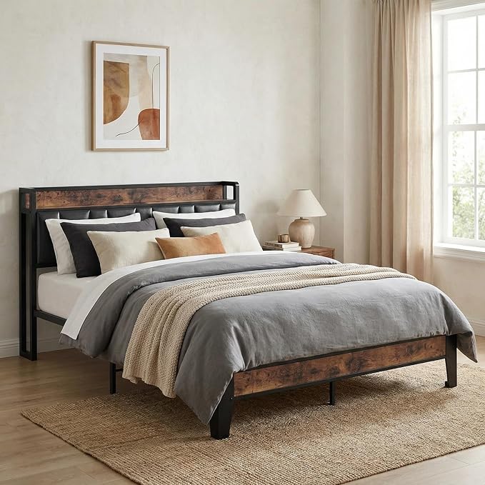 LIKIMIO Full Size Bed Frame, Storage Headboard with Charging Station, Solid and Stable, Noise Free, No Box Spring Needed, Easy Assembly (Vintage and Black)