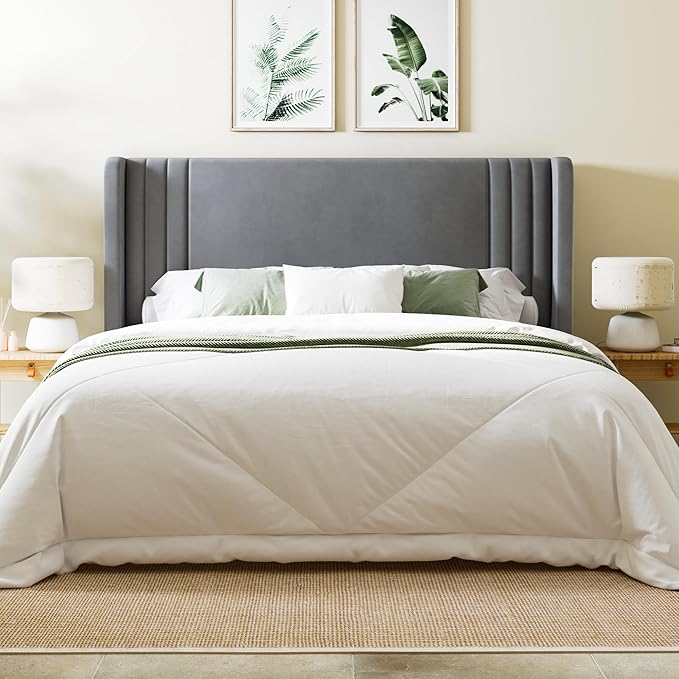 Allewie Full Size Velvet Platform Bed Frame with Vertical Tufted Wingback Headboard, Easy Assembly, Under Bed Storage, No Box Spring Required, Modern Style, Grey