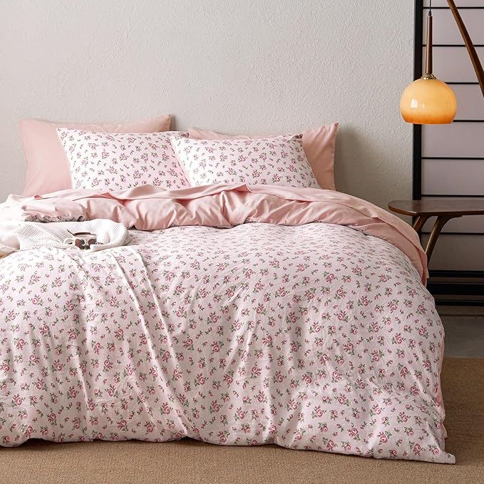 Wake In Cloud - Coquette Duvet Cover Set, Floral Cottagecore Flower Shabby Chic Cute Aesthetic, Soft Lightweight Bedding for Women Teen Girls, 3-Piece, Pink, Full Size