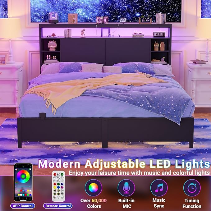Unikito Queen Size Headboard with Storage, Headboard with Power Outlet and RGB LED Light, Sturdy Head Board for Queen Size Bed, Stable Headboards Only for Bedroom, Dorm Room, Guest Room, Black