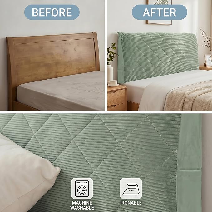 Corduroy Headboard Cover—Stretch-Quilted, Padded Dust-Proof Protective Cover (Fits Queen/King Beds), Machine-Washable Decorative Headboard Cover (Green, 71x27.5 inches)