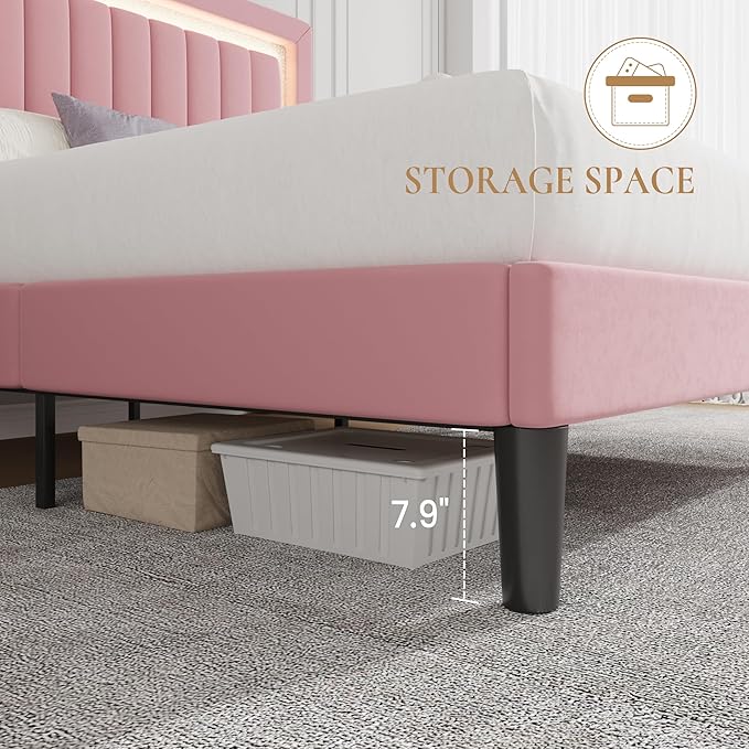 SHA CERLIN Queen Size Velvet Bed Frame with LED Light, Adjustable Vertical Channel Tufted Headboard, Strong Wooden Slats Support, Noise-Free, No Box Spring Needed, Pink