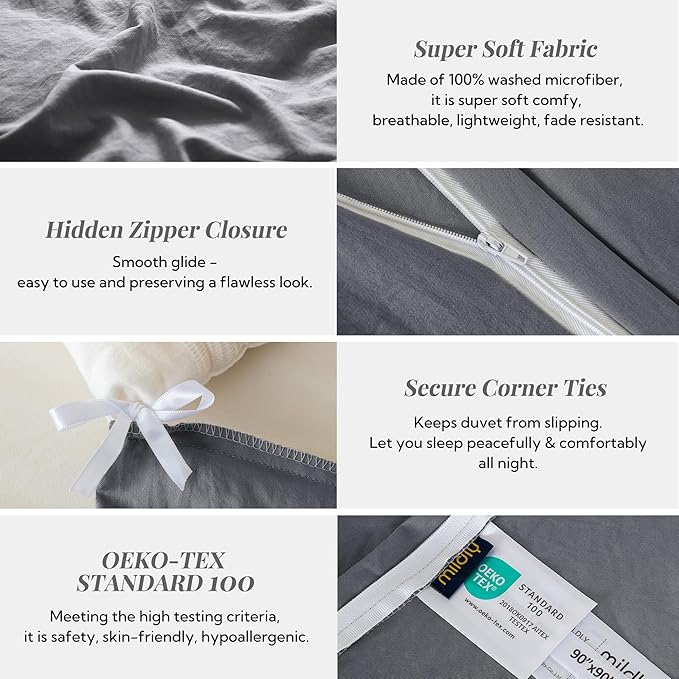 MILDLY Super Soft Duvet Cover 2pcs - 100% Washed Microfiber Dark Grey Twin/Twin XL Comforter Cover Set with Zipper Closure & Corner Ties (No Comforter)