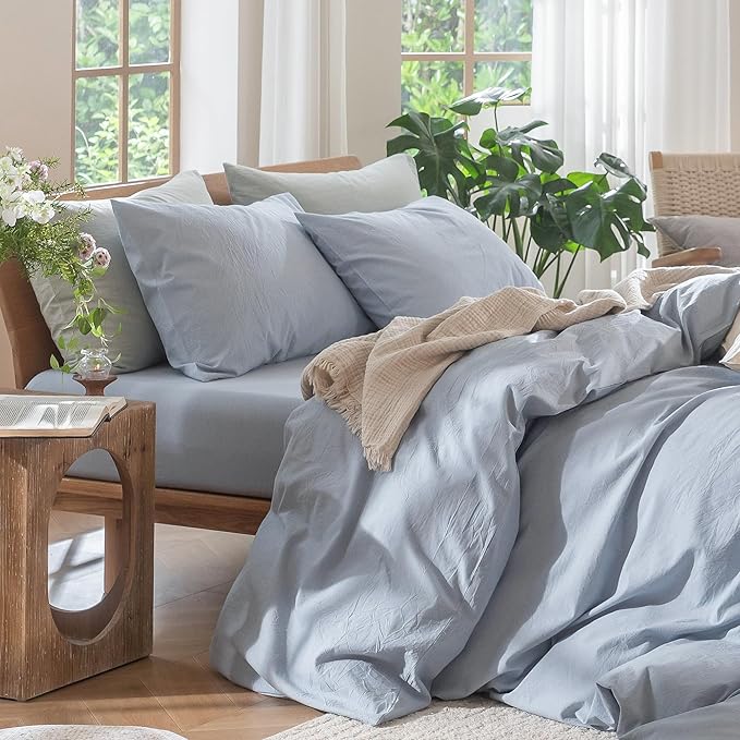 MooMee Bedding Duvet Cover Set 100% Washed Cotton Linen Like Textured Breathable Durable Soft Comfy (Heathered Cornflower Blue, Oversized Full 82"x86")