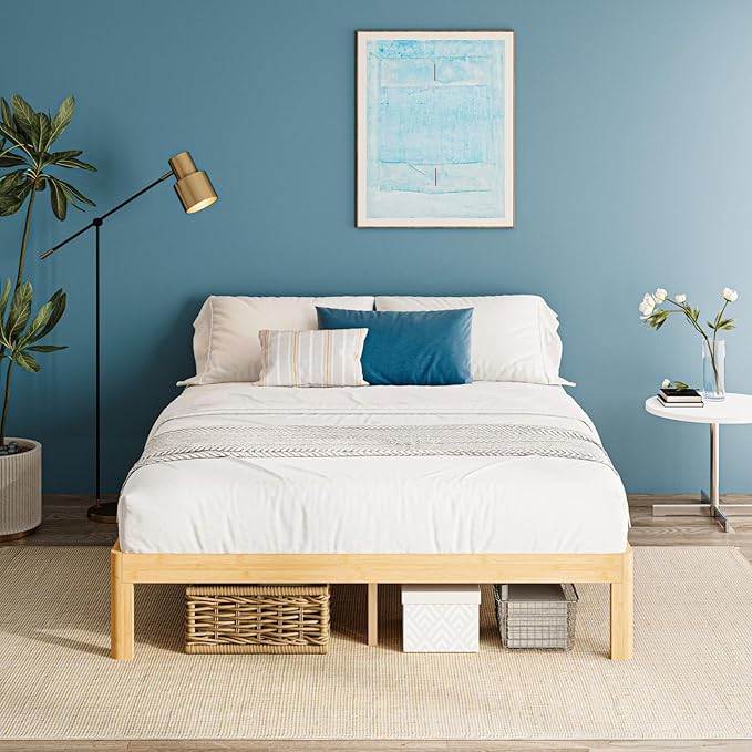12 Inch High Bamboo Wood Queen Bed Frame, Steel Slats Support Queen Size Bed Frame, Solid Foundation, Noise Free, No Box Spring Needed, Easy Assembly