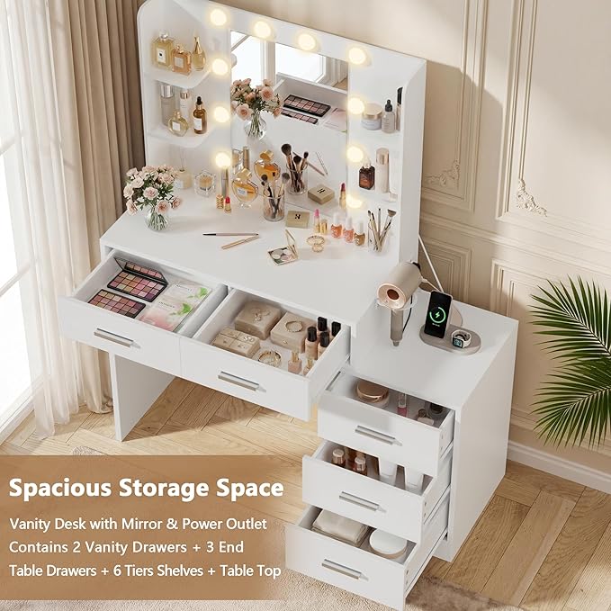 Furmax Makeup Vanity Desk with Mirror and Power Outlet, Vanity with 3 Color Light Options Adjustable Brightness, Vanity Table with 5 Drawers, 6 Storage Shelves, Nightstands (White)