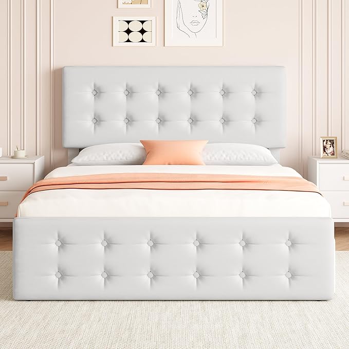 IDEALHOUSE Queen Size Bed Frame with 4 Storage Drawers and Headboard, Faux Leather Upholstered Platform Bed Frame with Wooden Slats Support, Button Tufted Design, No Box Spring Needed, White