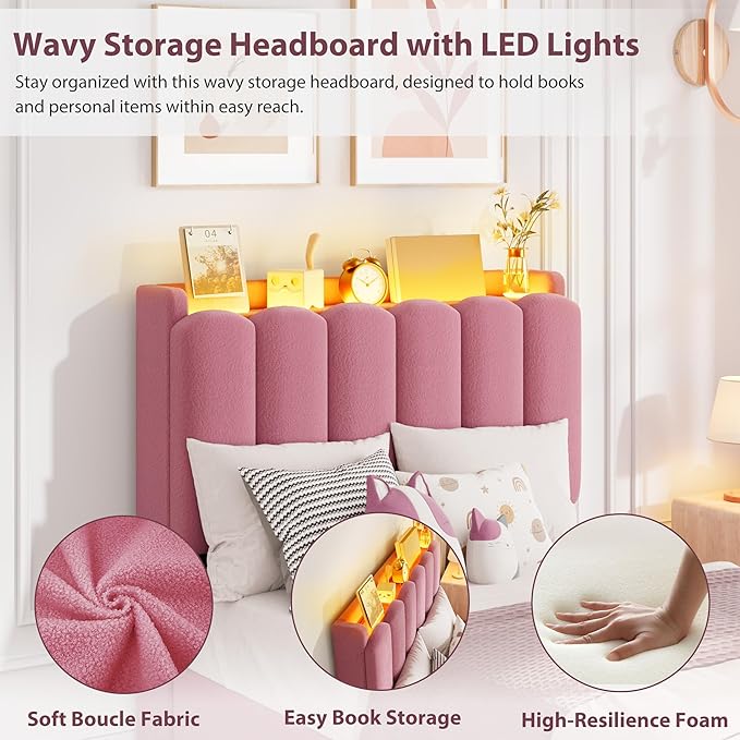 Garvee LED Twin XL Bed Frame with Storage Headboard, Kids Bed Frame with 2 Drawers, Boucle Upholstered Platform Bed for Girls, Chic Wavy Headboard with Bookcase, No Box Spring Needed, Dark Pink