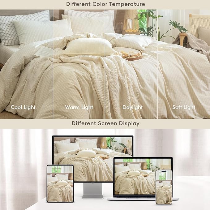 MooMee Striped Duvet Cover Set 100% Washed Cotton Linen Like Textured Breathable Durable Soft Comfy (Almond Milk Grey White Wide Stripes, Super Queen 90"x98")