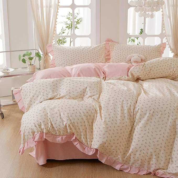 mixinni Pink Floral Duvet Cover Set Queen Size – 100% Cotton Ruffle Lace Bedding, Romantic Blushing Flower Print, Reversible Striped Pattern, Cottagecore Soft Aesthetic Princess Bedding for Girls