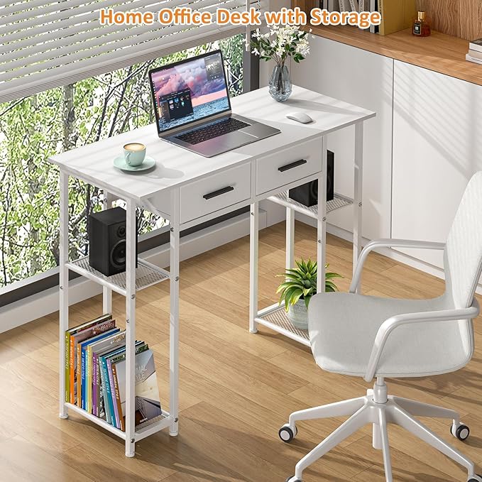 DAOUTIME White Computer Desk with Drawers, 37.3 Inch Home Office Work Desk with Storage Shelf, Kids Teens Study Table for Small Space, Small Writing PC Table for Bedroom Makeup Vanity Desk