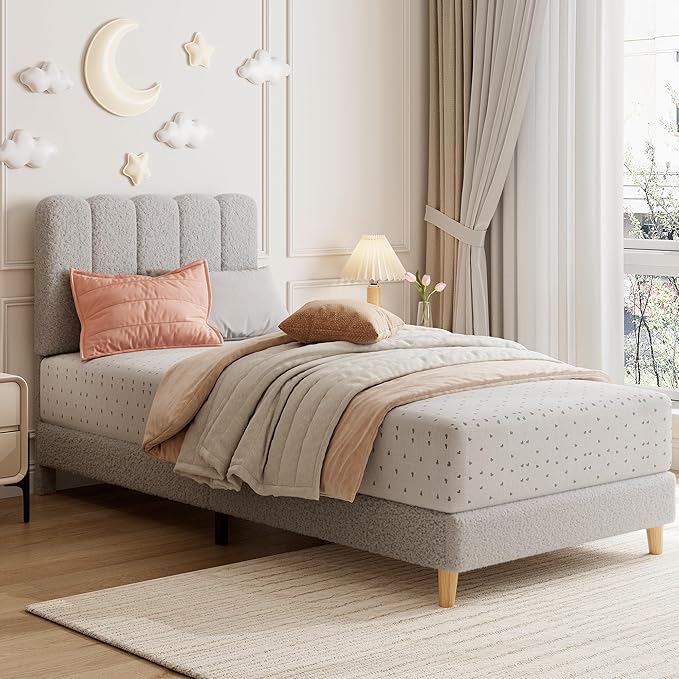 GarveeHome Twin XL Bed Frame, Upholstered Platform Bed with Wave Headboard for Girls/Kids, Easy Assembly, Wooden Slats Support, No Box Spring Needed, Boucle Grey