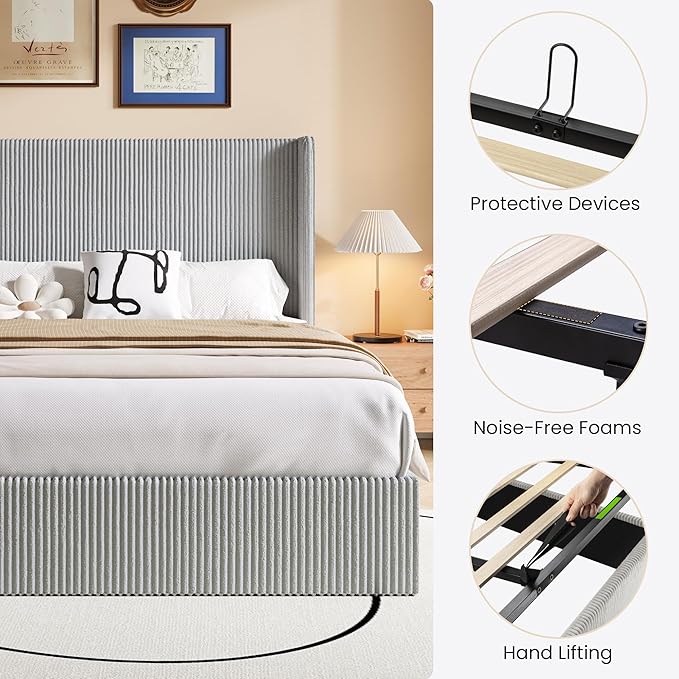 SHA CERLIN Full Size Lift Up Storage Bed Frame, Modern Upholstered Wingback Headboard, Hydraulic Support & Underneath Storage, Soft Corduroy Fabric Platform Bed, No Box Spring Needed, Light Grey
