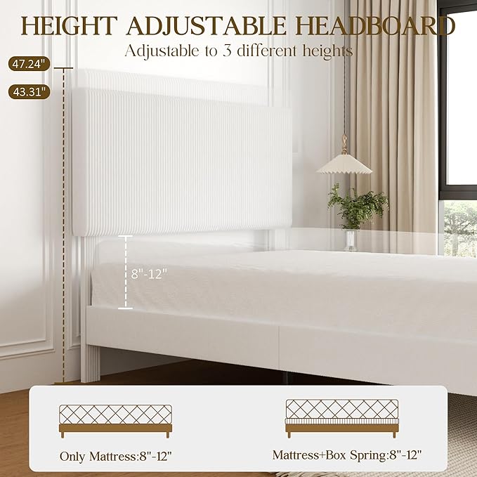 Queen Size Bed Frame, Upholstered Platform Bed with Adjustable Headboard, Vertical Fluted Tufted, Soft Corduroy Fabric, Strong Wooden Slats Support, No Box Spring Needed, Easy Assembly, White