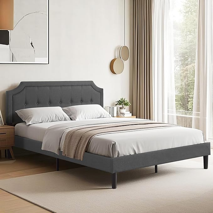VECELO Queen Size Platform Bed Frame with Fabric Upholstered Headboard and Wooden Slats Support, No Box Spring Needed/Easy Assembly