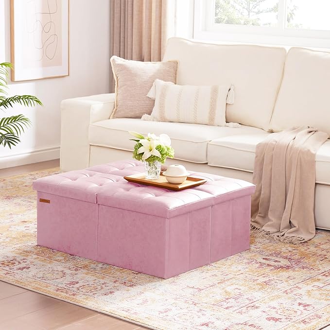 HAUSFRAU 31.5 Inches Ottoman with Storage Bench, Folding Ottoman Bench Small Foot Rest Stool, Bedroom Bench with Flipping Lid, Faux Leather Pink