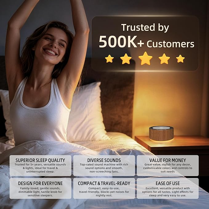 Kipcush White Noise Machine - Soft Non-Glare Nursery Lamp, 30 Soothing Sounds, 8 Color Lights, Max 8-Hour Timer for Baby & Adults (Walnut Wood, Standard)