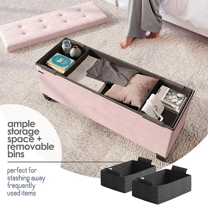 Storage Ottoman Bench with Bins, 43-in Storage Bench for Bedroom End of Bed, Folding Foot Rest Ottoman for Living Room Max 660lbs, Velvet Ottomans, Pink