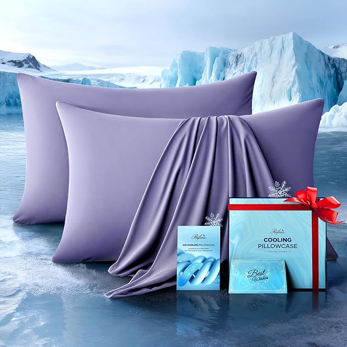Ultra-Chill Cooling Pillowcase Set of 2 for Hot Sleepers, Softer Than Silk Pillow Cases for Protecting Hair & Skin, Breathable Bed Pillow Covers w/Zipper, Gifts for Women Men(Purple, Standard)