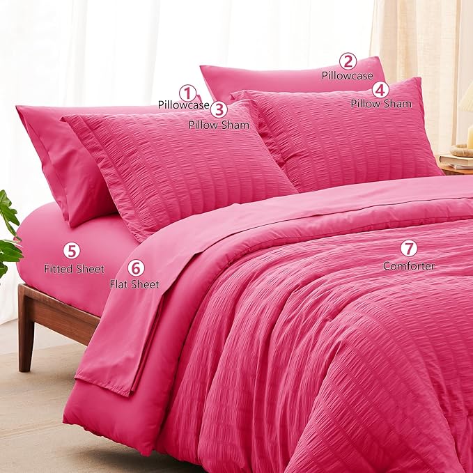 CozyLux Queen Comforter Set Hot Pink Seersucker 7 Pieces Bed in a Bag Queen Comforter Set with Sheets, Luxury Soft Bedding Set with Down Alternative Comforter, Sheets, Pillowcases & Shams All Seasons